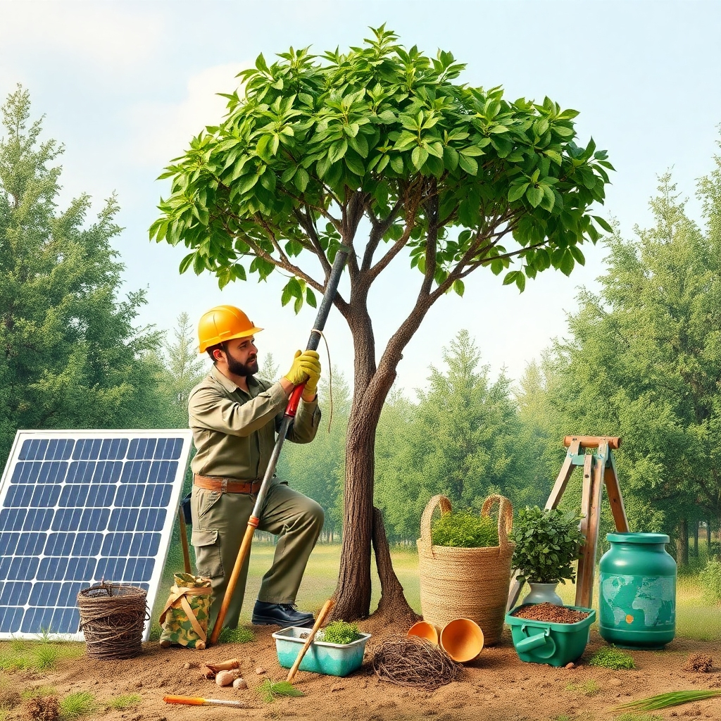 A conceptual image showing an arborist using environmentally friendly tools and techniques to care for a tree. The image incorporates elements of nature and sustainability, such as solar panels and recycled materials. The color palette is earthy and natural, conveying a sense of environmental responsibility. 4K resolution, high-quality.