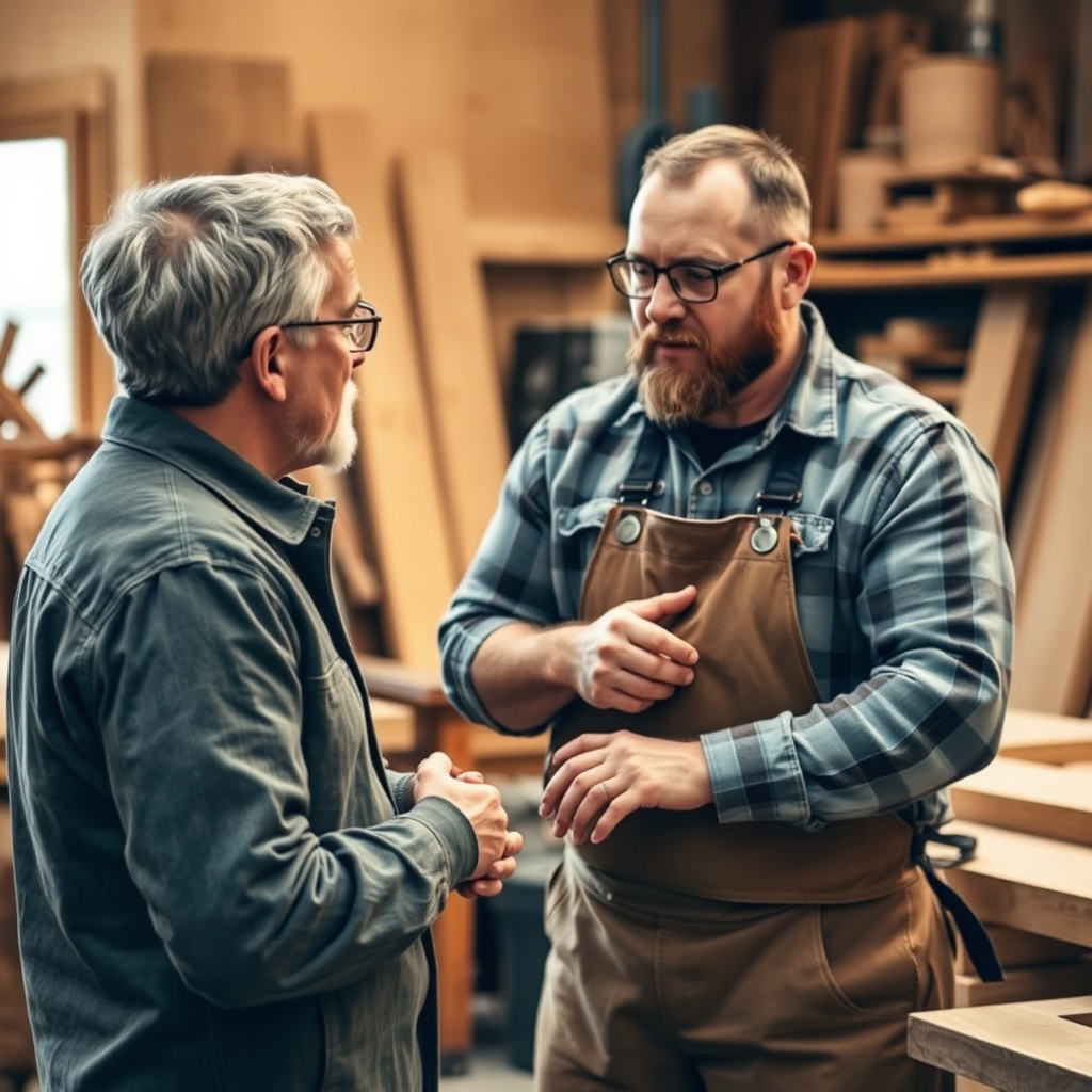 A customer discussing a custom carpentry project with a carpenter in a workshop. The scene should convey a sense of collaboration and personalized service. The lighting should be warm and inviting, creating a comfortable atmosphere. The camera angle should be medium, capturing both the customer and the carpenter.