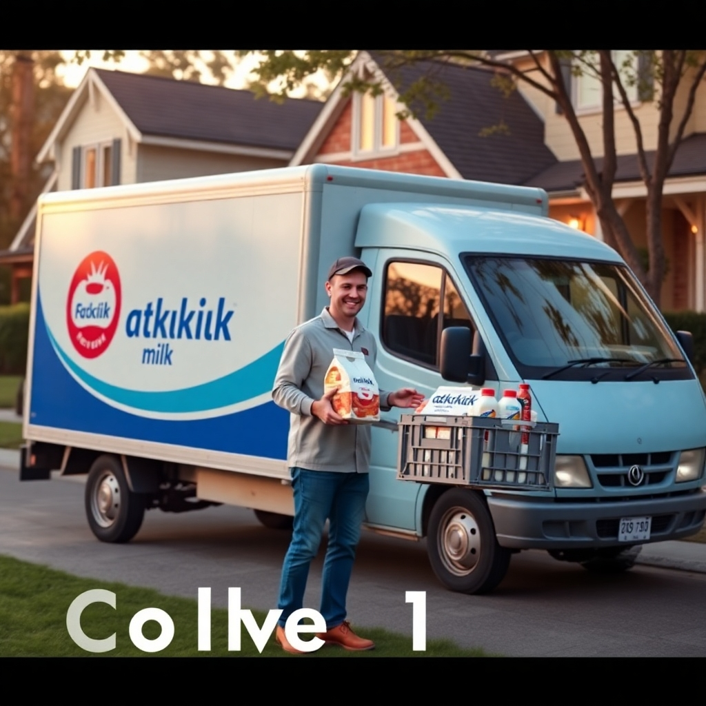 A delivery truck, clearly marked with the 'Santakrupa Milk' logo, parked in front of a suburban house. A smiling delivery person is handing a crate of milk and dairy products to a happy customer. The lighting should be warm and inviting, creating a sense of trust and convenience. Style reference: a classic advertising image for a local delivery service.