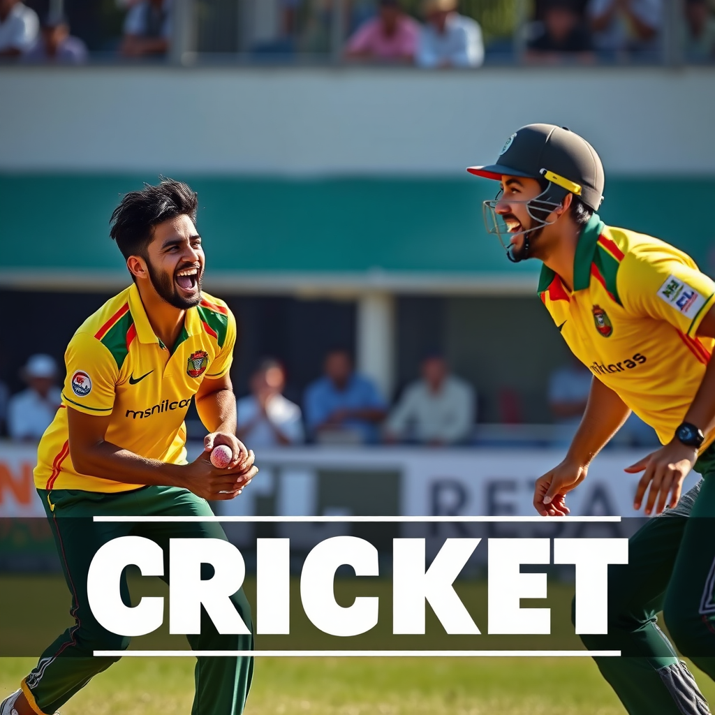 A dynamic image capturing the sheer joy of playing cricket. Players are laughing and smiling, engaged in a thrilling game. The scene is energetic and vibrant, emphasizing the fun aspect of the sport. Style: Action sports photography with a focus on expressions.