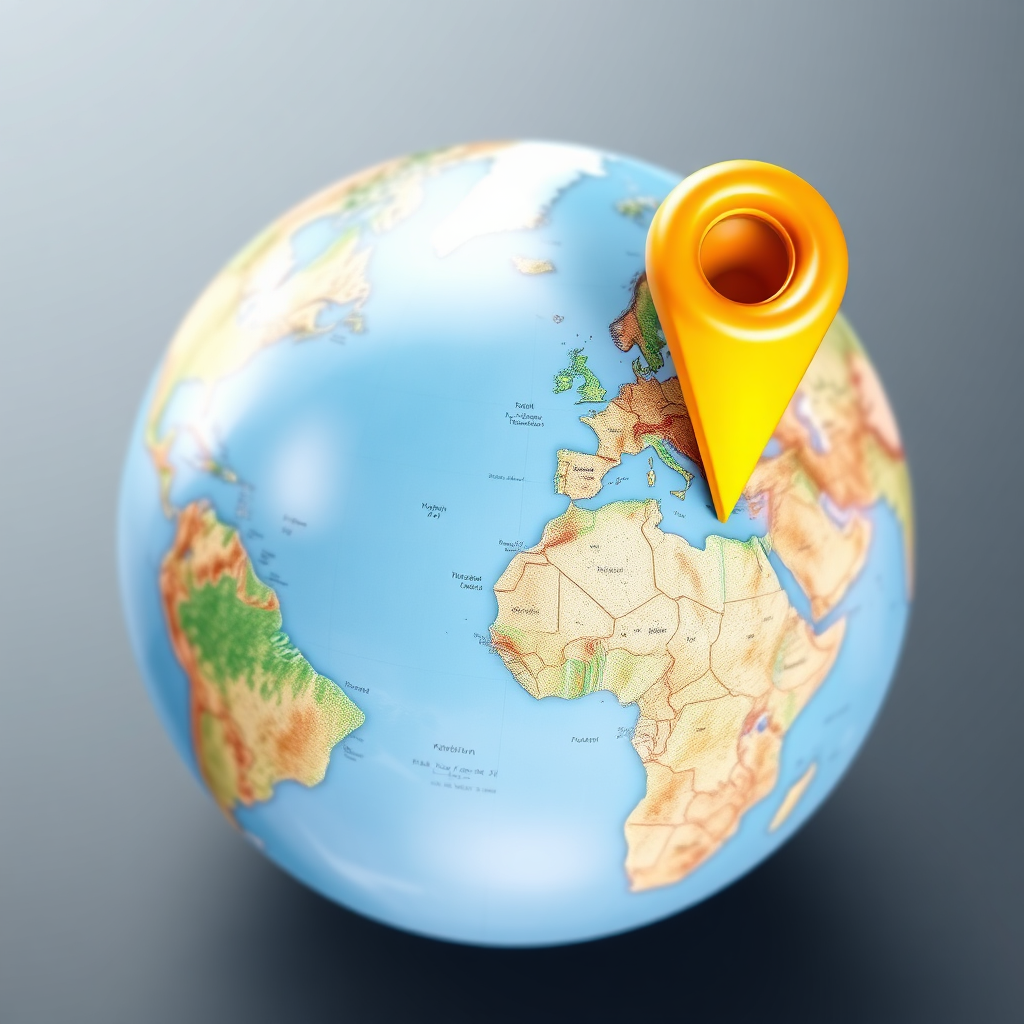 A globe with a pin highlighting a location, symbolizing a business instantly going global. The pin is brightly colored, drawing attention to the spot. The globe should be detailed. Style: Photorealistic render. 4K resolution, high quality.