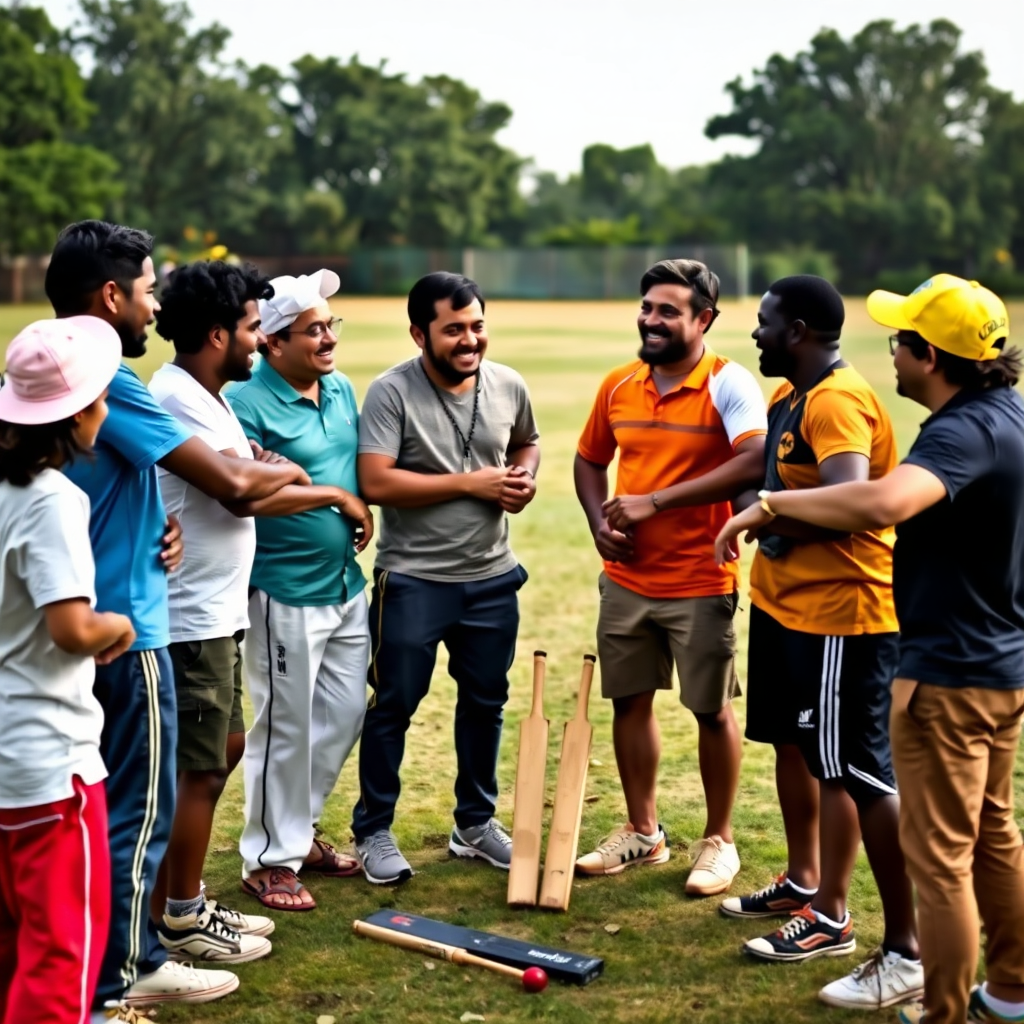 A group of diverse individuals standing in a circle, arms around each other, laughing, after a cricket session. The background shows cricket equipment lying on the field. The image portrays camaraderie and community spirit.