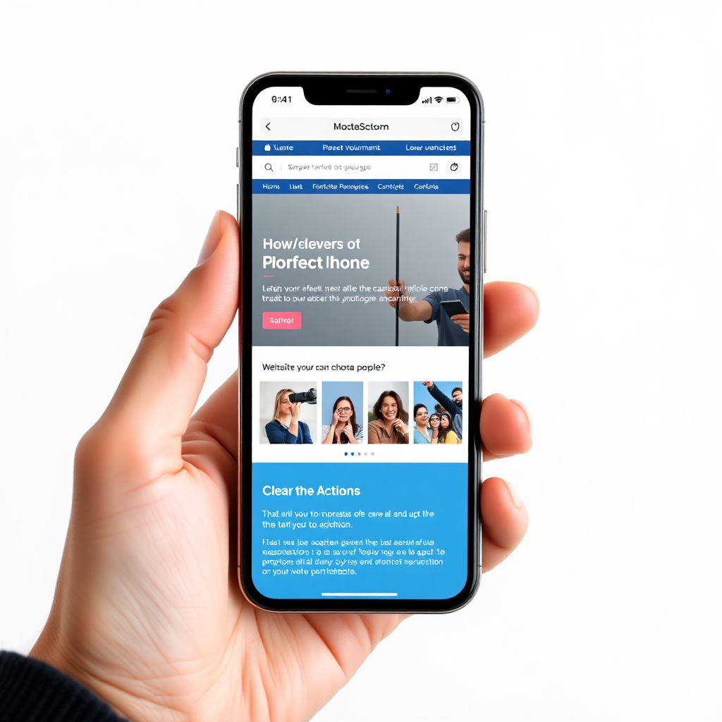A hand holding a smartphone displaying a perfectly formatted website. The website should have clear call to actions, and the composition should be clean and modern. Style: Photorealistic render. 4K resolution, high quality.