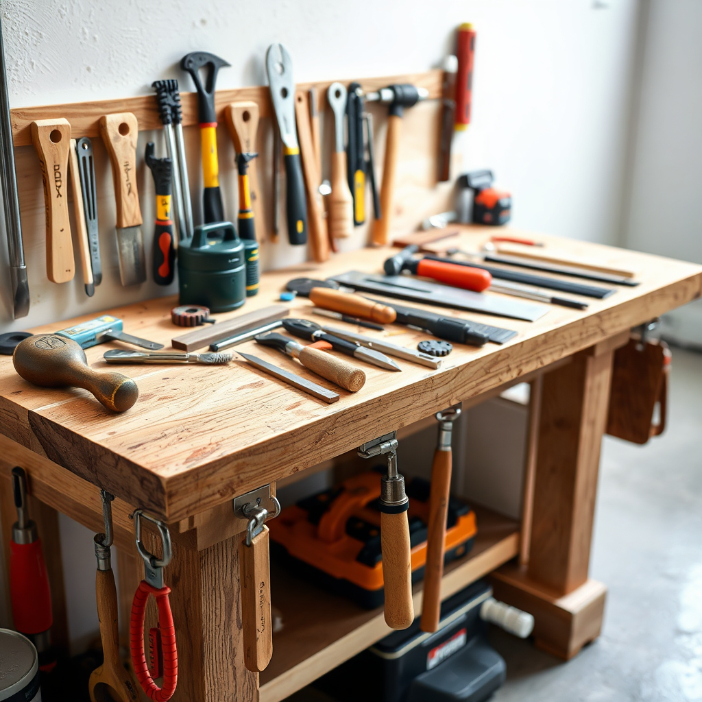 A neatly organized workbench showcasing a selection of essential carpentry tools. The tools are arranged in a visually appealing manner, with each tool clearly visible and in good condition. The lighting should be bright and focused, highlighting the details of the tools. The camera angle should be slightly elevated, providing a comprehensive view of the workbench. Style reference: professional product photography, focusing on clean lines and sharp details.