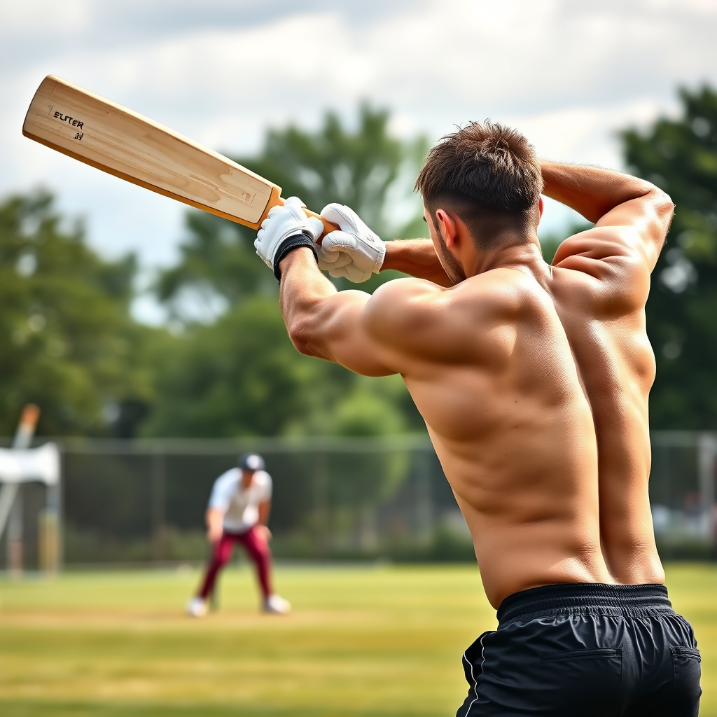 A person mid-swing with a cricket bat, muscles tensed and showing exertion. The background is a cricket field with other players. Emphasize the fitness aspect of the sport in the image.