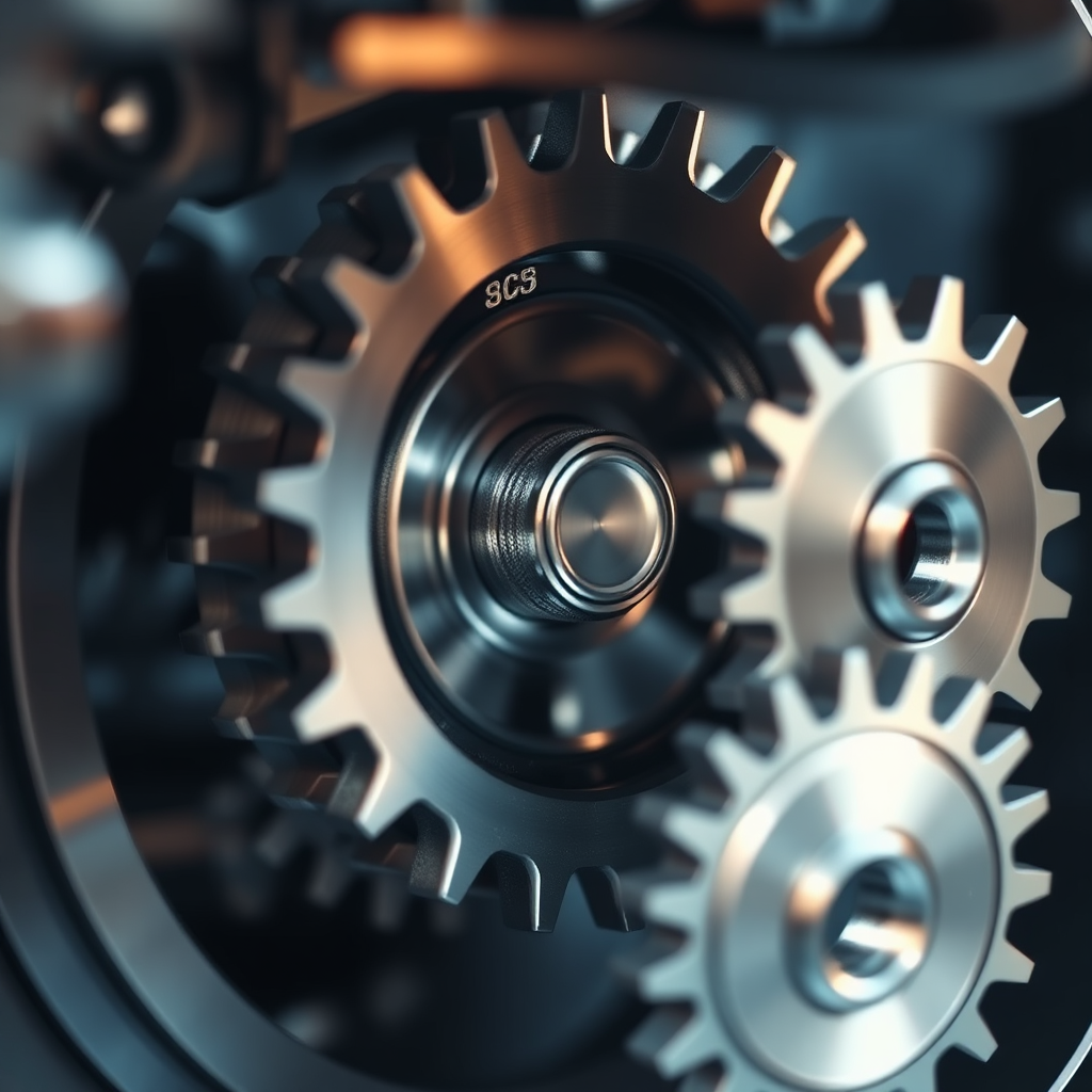 A photorealistic close-up of interlocking gears made of polished steel, turning smoothly within a complex machine. Focus is on the precision and seamlessness of the operation. Soft, diffused lighting to highlight the metallic textures and interworking parts. The background is subtly blurred to maintain focus on the gears. Image should convey a sense of reliability, efficiency, and mechanical precision. Color palette should be predominantly metallic, with subtle highlights.