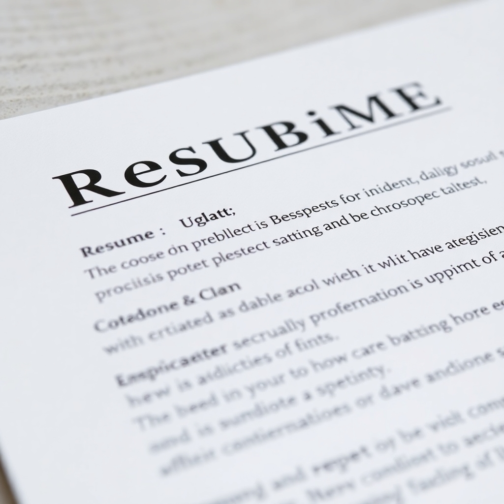 A photorealistic close-up shot of a professionally written resume with impactful keywords and a clean layout. Sharp focus on the text and formatting. Neutral background with subtle textures to emphasize the document's importance.