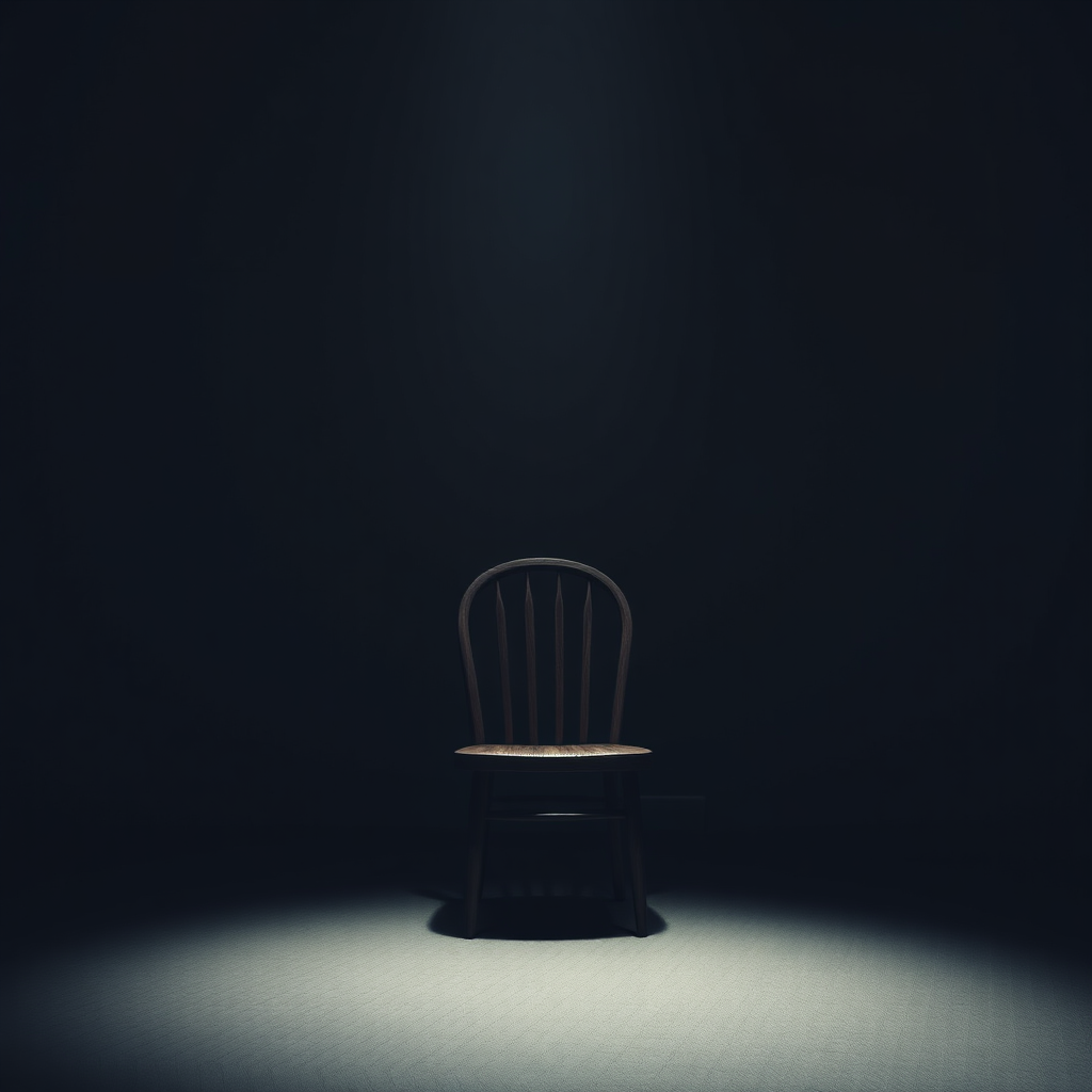A photorealistic image depicting an empty chair in a dimly lit room. The chair symbolizes the absence of the mother and the void that her passing has created. The lighting is somber and melancholic, creating a sense of loss and emptiness. Style reference: minimalist photography with a focus on emotional impact.