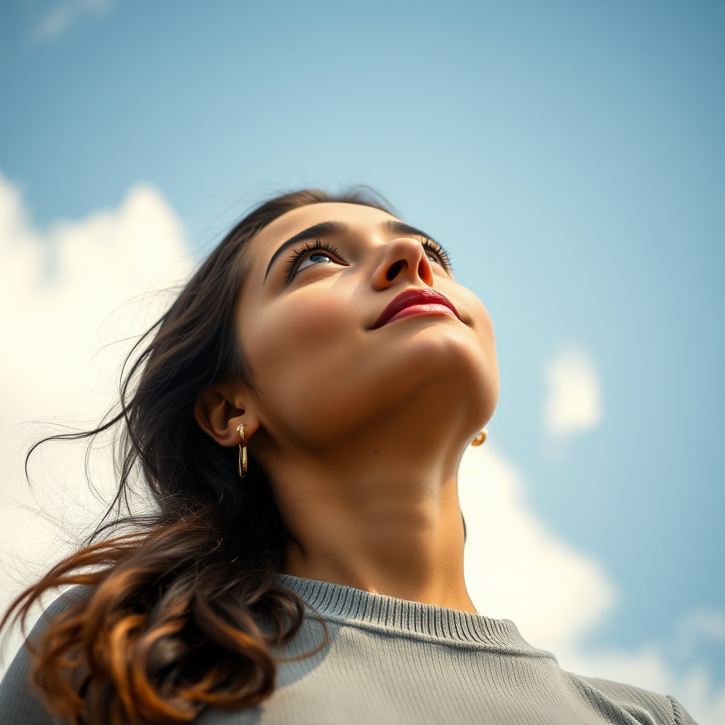 A photorealistic image depicting a young woman looking up at the sky with determination in her eyes. The woman is inspired by her mother's legacy and is committed to living a life that honors her memory. The lighting is bright and optimistic, creating a sense of hope and possibility. Style reference: portrait photography with a focus on strength and resilience.