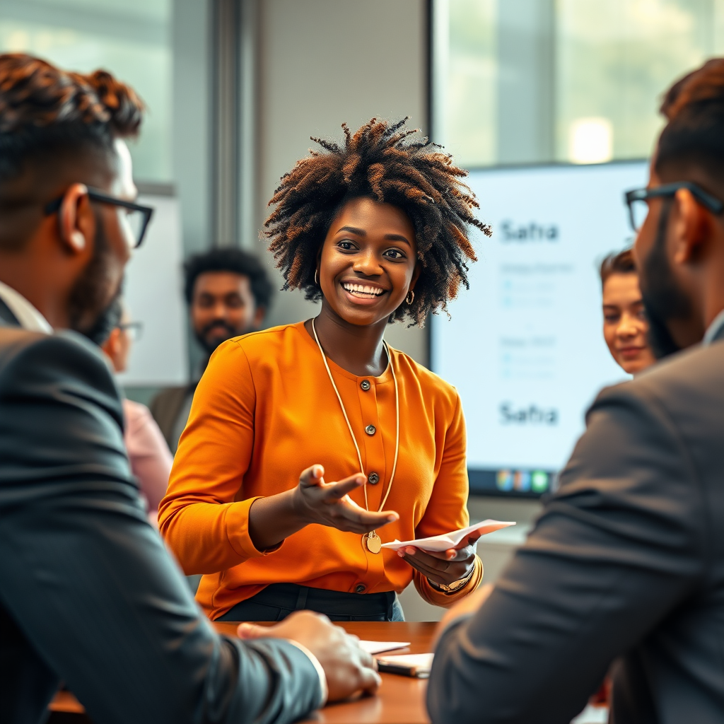 A photorealistic image depicting a successful Satara entrepreneur in Ulwe pitching their business idea to a panel of investors. The scene should convey excitement, innovation, and the potential for growth. Capture the details of a well-prepared presentation, attentive investors, and a vibrant atmosphere. Style: Energetic and ambitious.