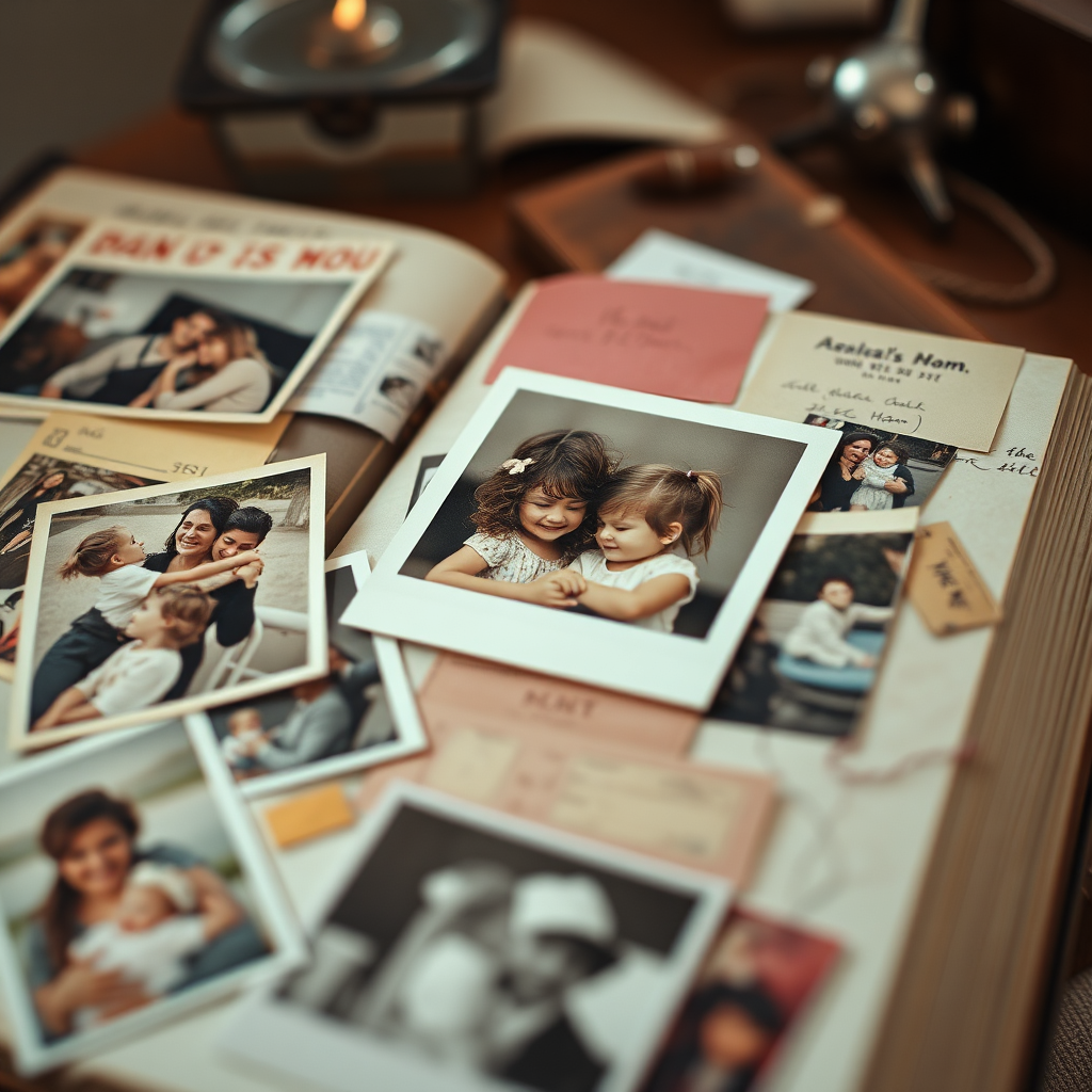 A photorealistic image depicting a collection of cherished memories. The image features a scrapbook filled with photographs, ticket stubs, and other mementos of special moments shared between a mother and her child. The lighting is soft and nostalgic, evoking a sense of warmth and sentimentality. The camera angle is close, inviting the viewer to explore the details of each memory. Style reference: vintage photography with a focus on emotional storytelling.