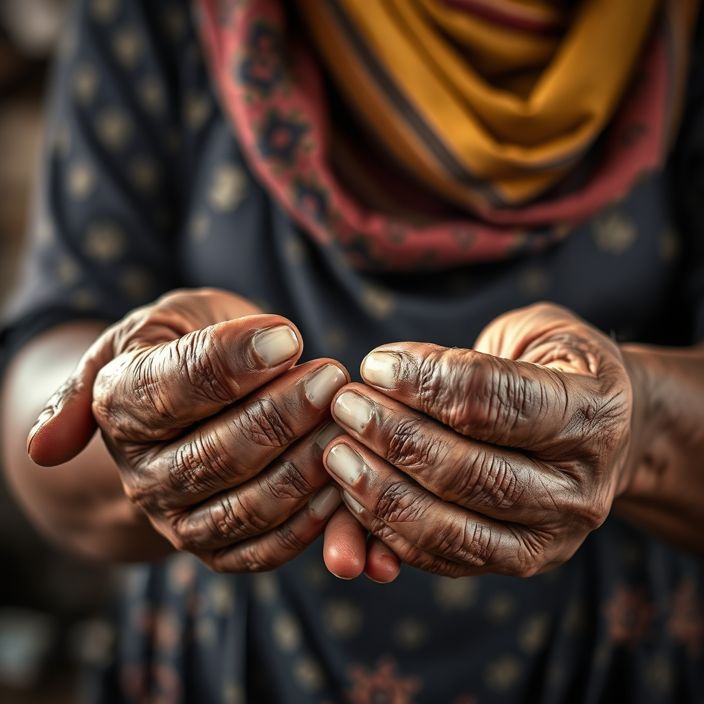 A photorealistic image depicting a mother working tirelessly to provide for her family. The scene shows the mother's hands, worn and weathered, but still strong and capable. The background is blurred, suggesting the challenges and hardships she has faced. The lighting is dramatic, highlighting the strength and resilience in her hands. Style reference: a blend of realism and documentary photography, with a focus on human emotion.