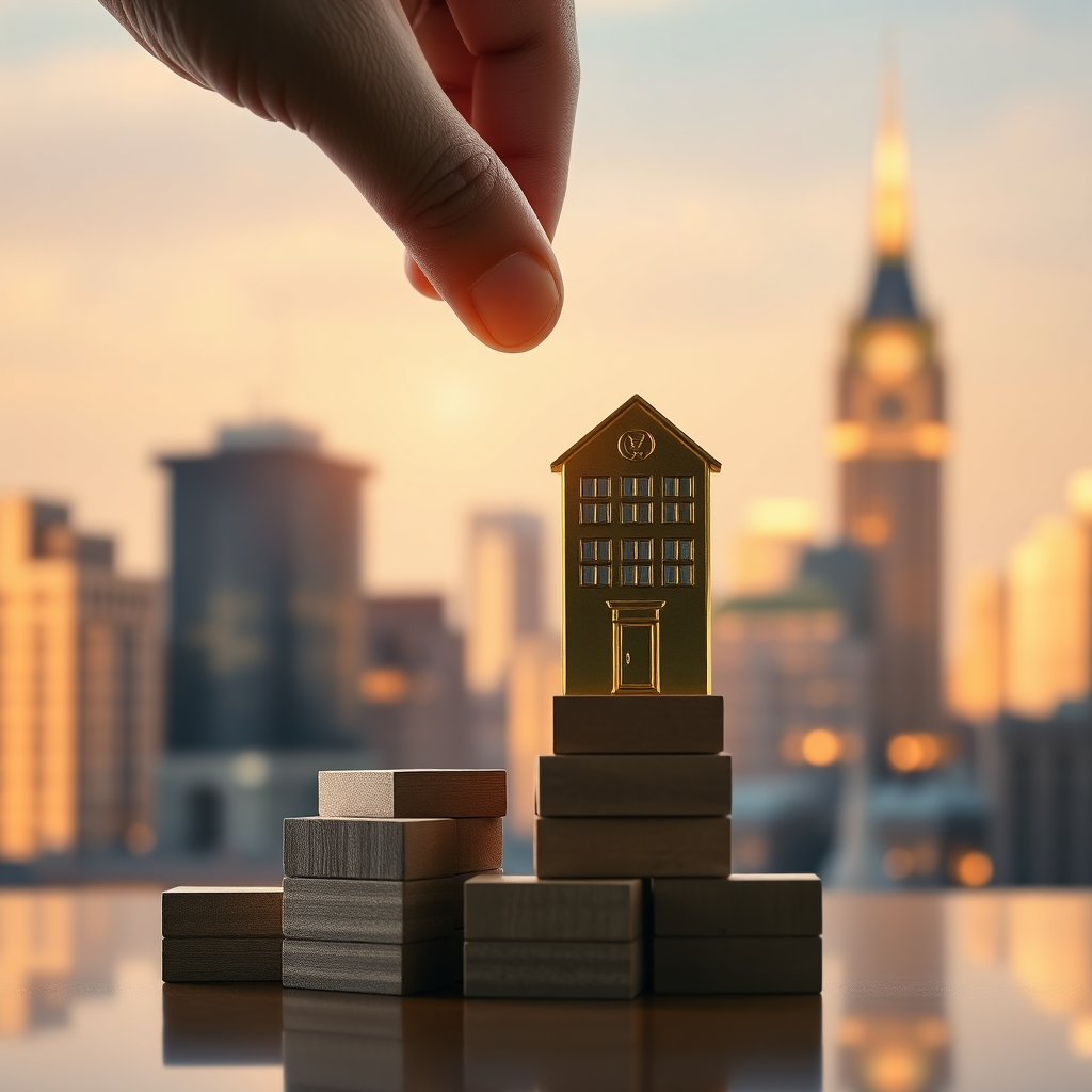A photorealistic image featuring a hand gently placing a miniature golden building block on top of a stable foundation of other blocks, representing sustainable financial growth. The scene is warmly lit, creating a sense of security and prosperity. The background is a softly blurred image of a prosperous cityscape, further emphasizing financial success. The overall tone is trustworthy, professional, and reassuring.
