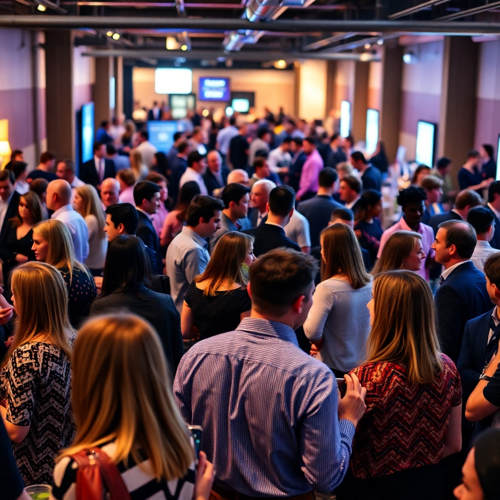 A photorealistic image of a bustling networking event with diverse professionals connecting and engaging in conversations. The atmosphere is lively and energetic, filled with opportunity. The lighting is warm and inviting, encouraging interaction.