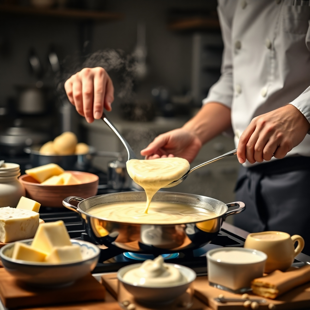 A photorealistic image of a chef using dairy products in a culinary setting. The scene depicts the chef stirring a creamy sauce in a pan, with various dairy ingredients like butter, cheese, and cream strategically placed around the stovetop. The lighting should be warm and inviting, creating a sense of culinary artistry. The camera angle should be close-up, capturing the details of the cooking process. Style reference: a professional cooking show visual.