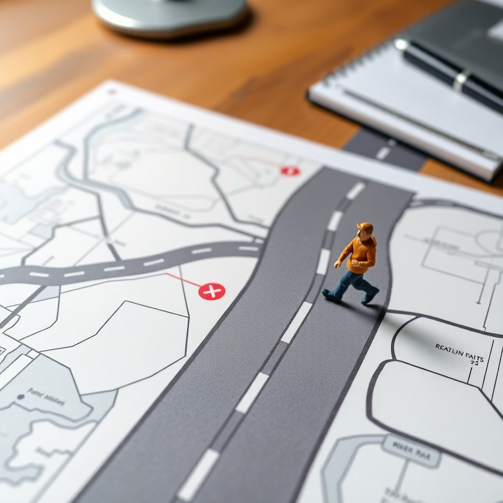 A photorealistic image of a detailed roadmap with milestones and checkpoints marked, symbolizing a structured plan. A miniature figure is seen walking along the road with confidence. The roadmap is placed on a desk with a notepad and pen, signifying preparation and action.