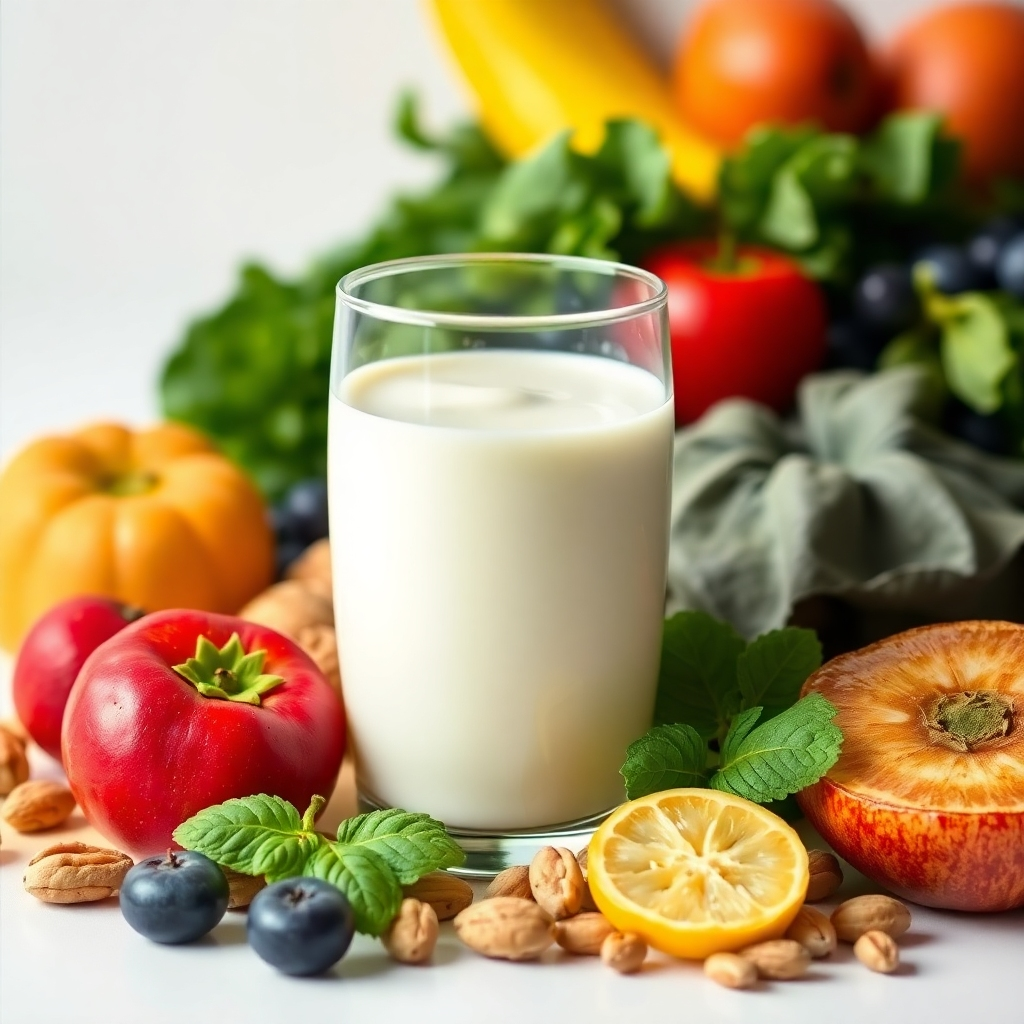A photorealistic image of a glass of milk surrounded by various healthy foods like fruits, vegetables, and nuts. The milk should be the focal point, with a creamy, appealing texture. The lighting should be bright and even, highlighting the colors of the surrounding foods. The background should be simple and uncluttered, focusing on the nutritional aspects of milk and dairy. Style reference: a health and wellness magazine cover.