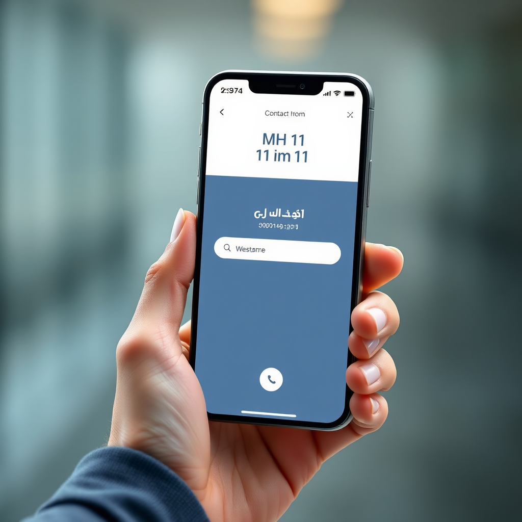 A photorealistic image of a hand holding a smartphone displaying the उलवे सातारकर MH 11 website contact page. The lighting is soft and inviting, emphasizing the ease of communication. The background is blurred to focus on the phone screen. Style: Modern and accessible.