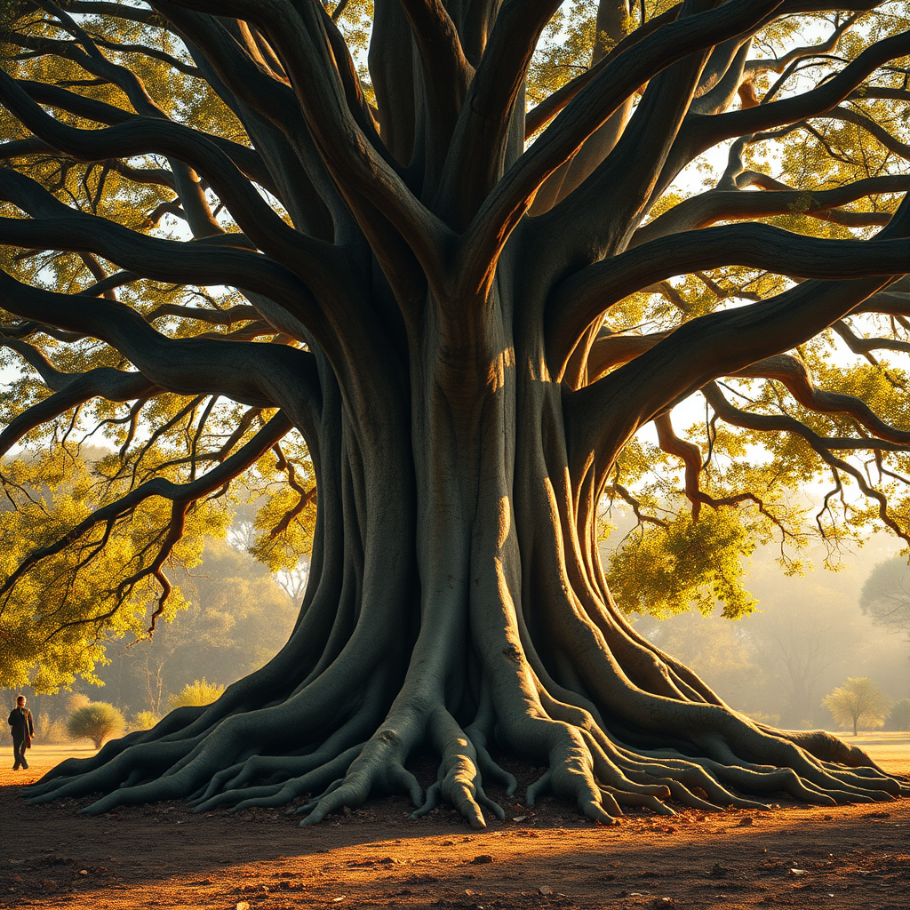 A photorealistic image of a large, sturdy banyan tree with its roots firmly planted in the ground. The tree symbolizes the mother's strength and stability, providing support and shelter for her family. The branches of the tree reach out in all directions, representing the mother's nurturing and caring nature. The lighting is warm and golden, creating a sense of peace and tranquility. Style reference: nature photography with a focus on strength and resilience.