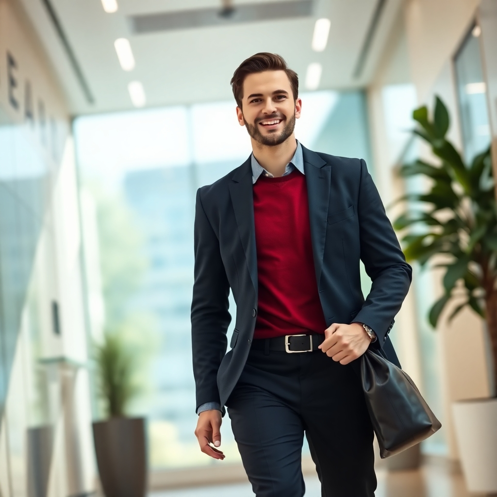 A photorealistic image of a person confidently walking into a modern office building for an interview, symbolizing interview success. The lighting is bright and welcoming, conveying a sense of opportunity. Focus on capturing the confident posture and positive expression of the individual.