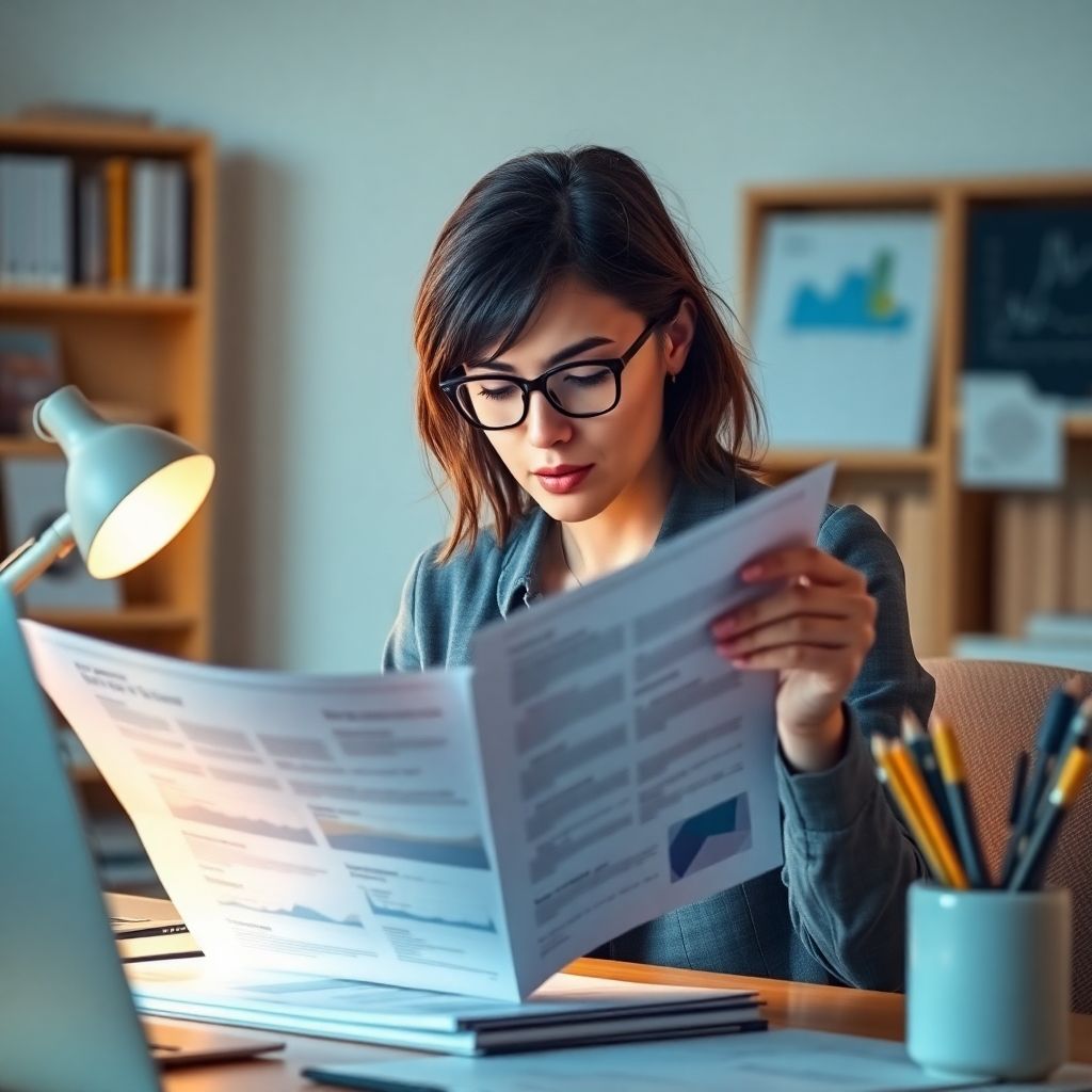 A photorealistic image of a person thoughtfully reviewing a detailed report, surrounded by career-related resources. Soft, focused lighting on the report and the person's focused expression. Warm color palette with accents of blue for trust and clarity.