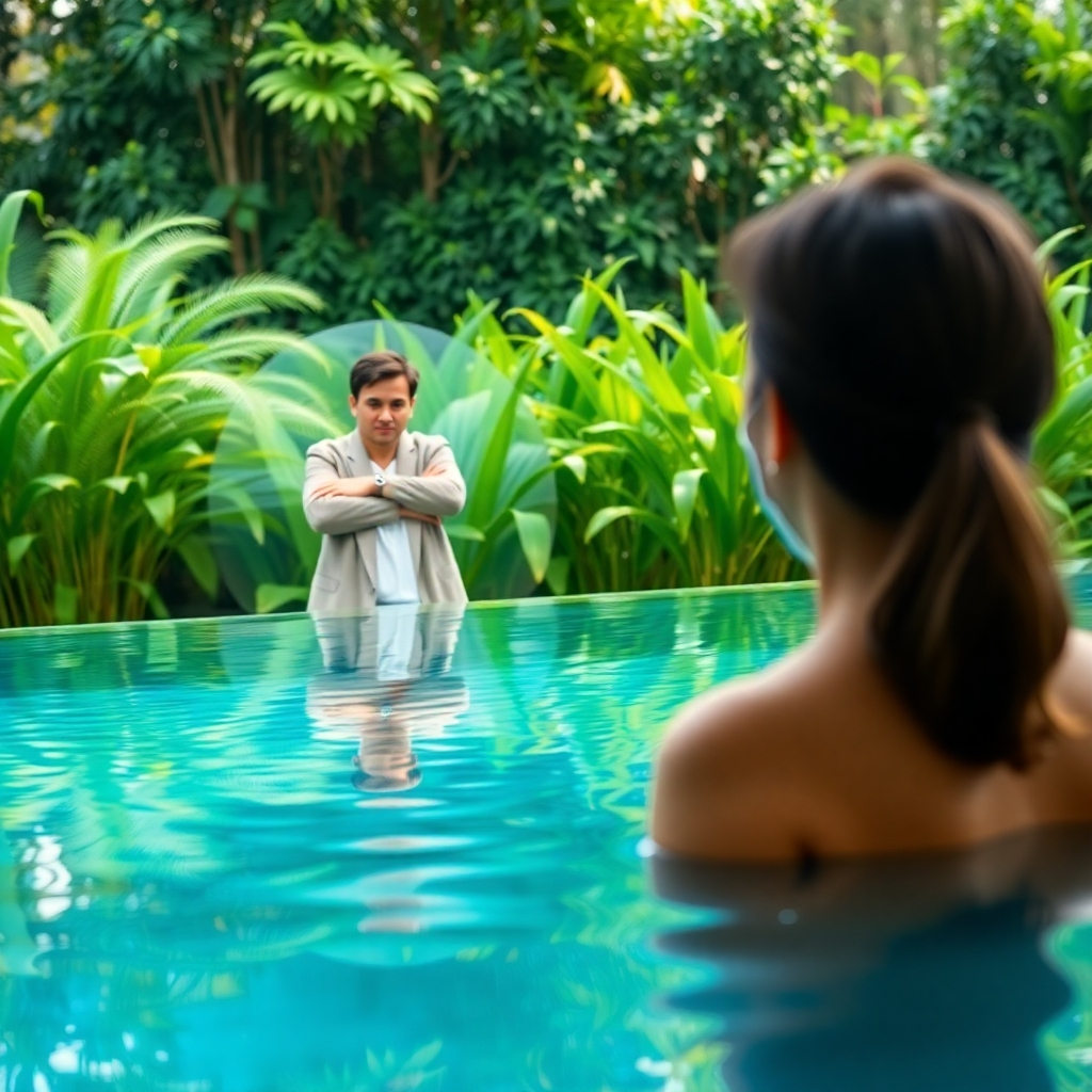 A photorealistic image of a person looking into a clear, reflective pool, seeing a confident and successful version of themselves, symbolizing self-discovery. The pool is surrounded by lush greenery, representing personal growth. The lighting is soft and natural, creating a serene atmosphere.