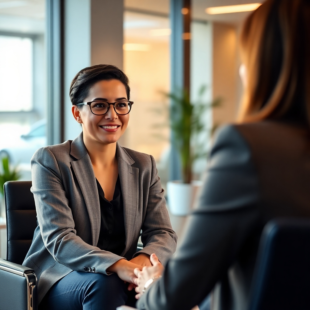 A photorealistic image of a person confidently participating in a mock interview session with a career coach. The setting is a modern office environment, promoting professionalism. Warm lighting with a focus on the confident expression of the interviewee.