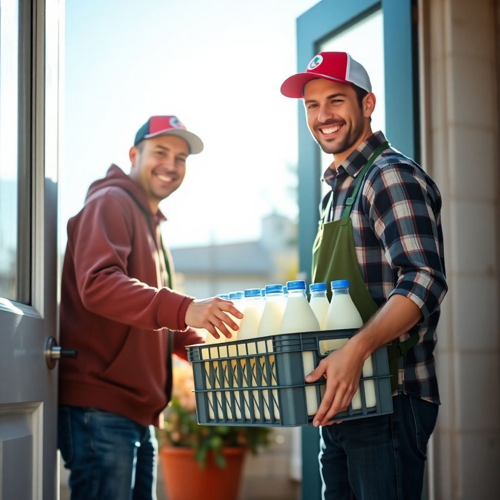 A photorealistic image of a smiling delivery person handing a crate of fresh milk bottles to a customer at their doorstep. The scene is set in a bright, sunny morning, highlighting the freshness of the delivery. Focus on the exchange and the positive interaction. Style: friendly, approachable, and clean.