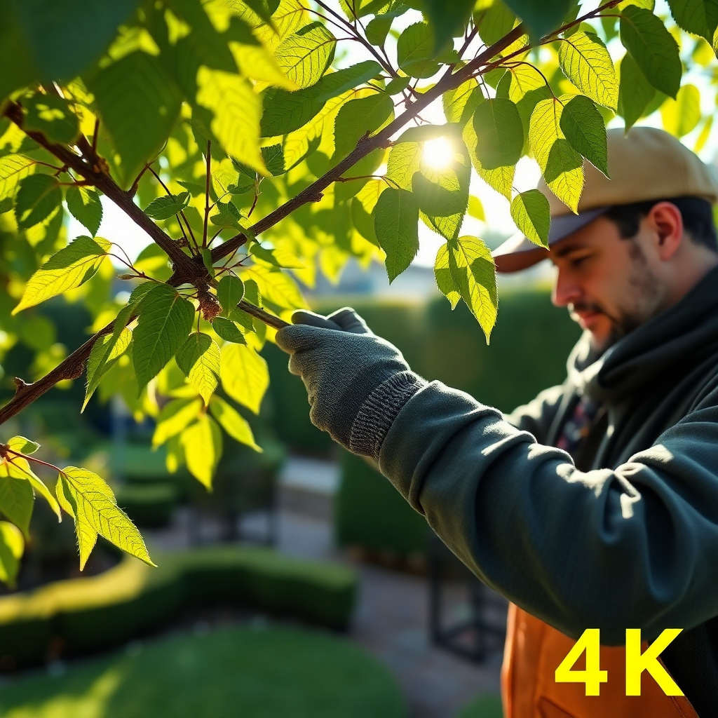 A photorealistic image of an arborist carefully pruning a tree branch, showcasing the precision and skill involved. Sunlight filters through the leaves, highlighting the healthy growth. The background features a well-maintained garden. 4K resolution.