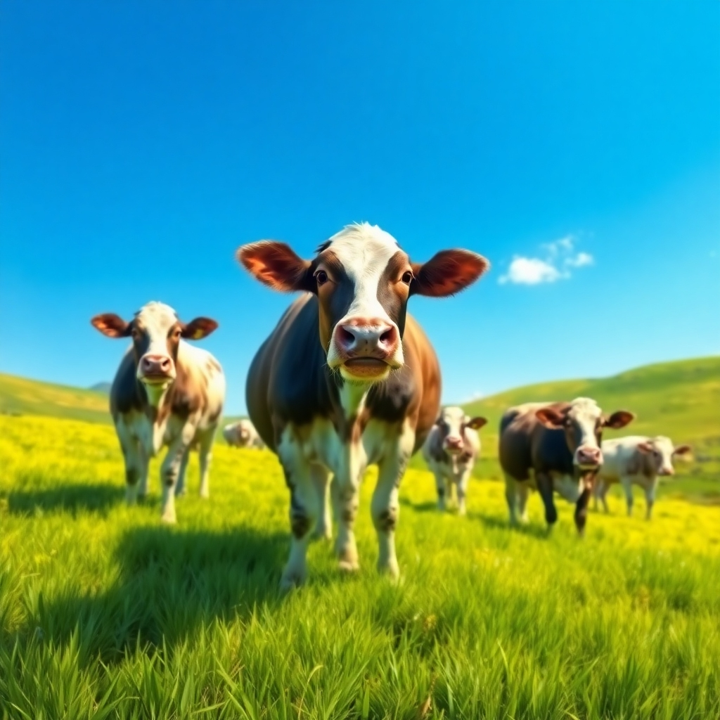A photorealistic image of cows grazing peacefully in a green pasture under a blue sky. The cows should look healthy and well-cared for. The pasture should be lush and vibrant, with rolling hills in the background. The lighting should be bright and cheerful, conveying a sense of tranquility and natural goodness. Style reference: a pastoral landscape painting.