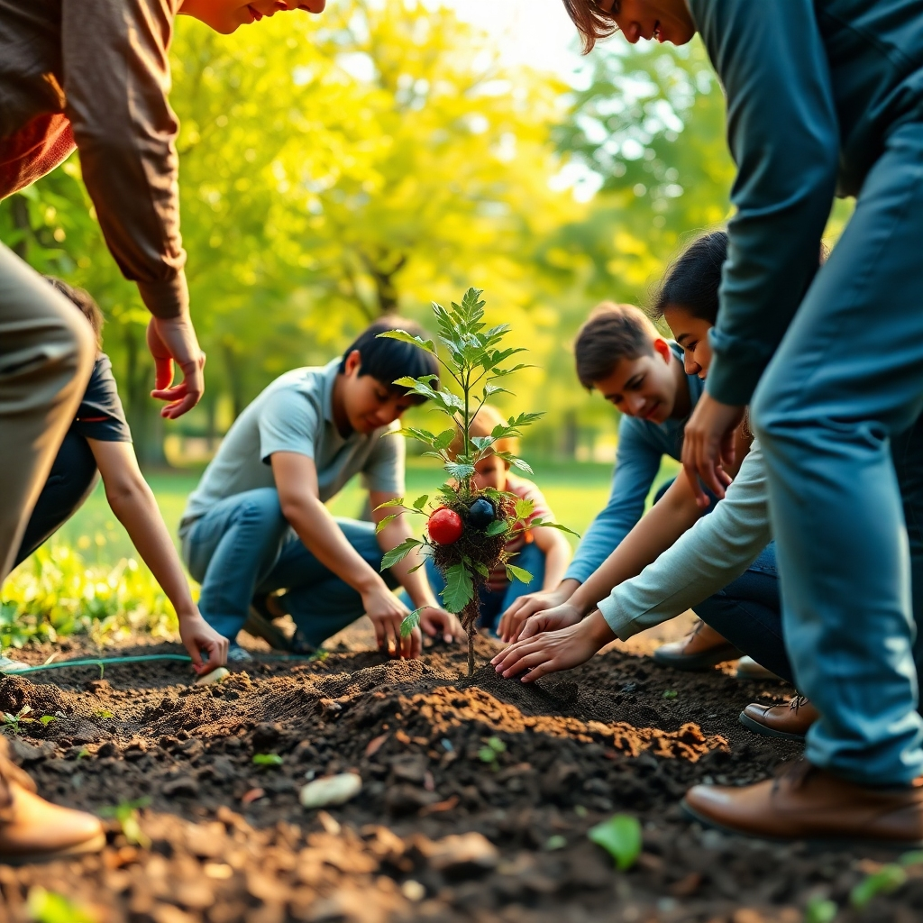 A photorealistic image of people planting a young tree, symbolizing growth and community involvement. The background is a lush park with vibrant greenery. The lighting is warm and inviting. 4K resolution.