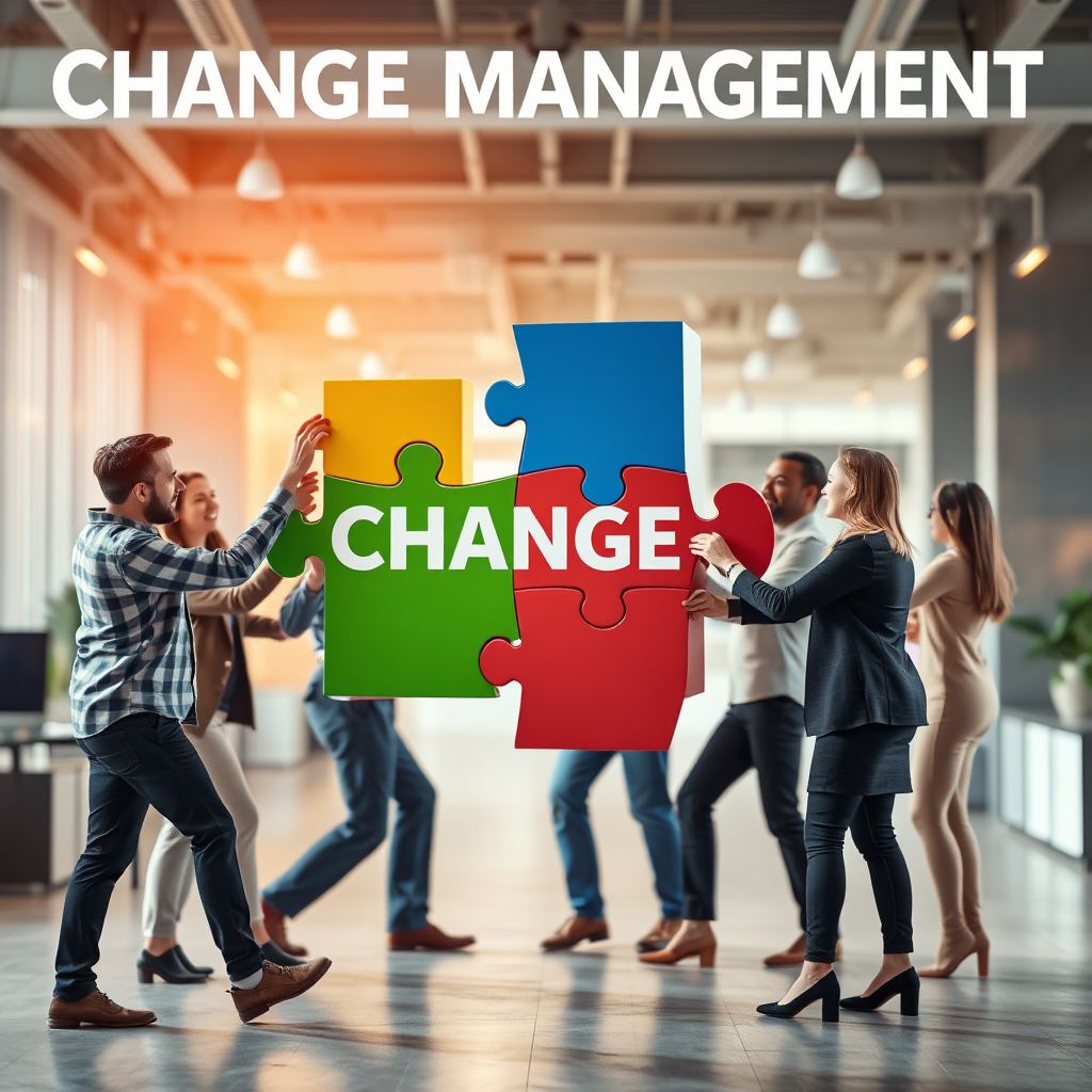 A photorealistic image representing change management. It features a group of people working together to move a large puzzle piece into place, symbolizing collaboration and progress. The puzzle piece is colorful and well-defined, and the people are diverse and engaged. The background is a modern office environment, emphasizing teamwork. The lighting is bright and optimistic, creating a sense of progress. The color palette is vibrant and diverse, conveying collaboration and innovation. The style is modern and professional, inspired by corporate teamwork photography with a 4K resolution.