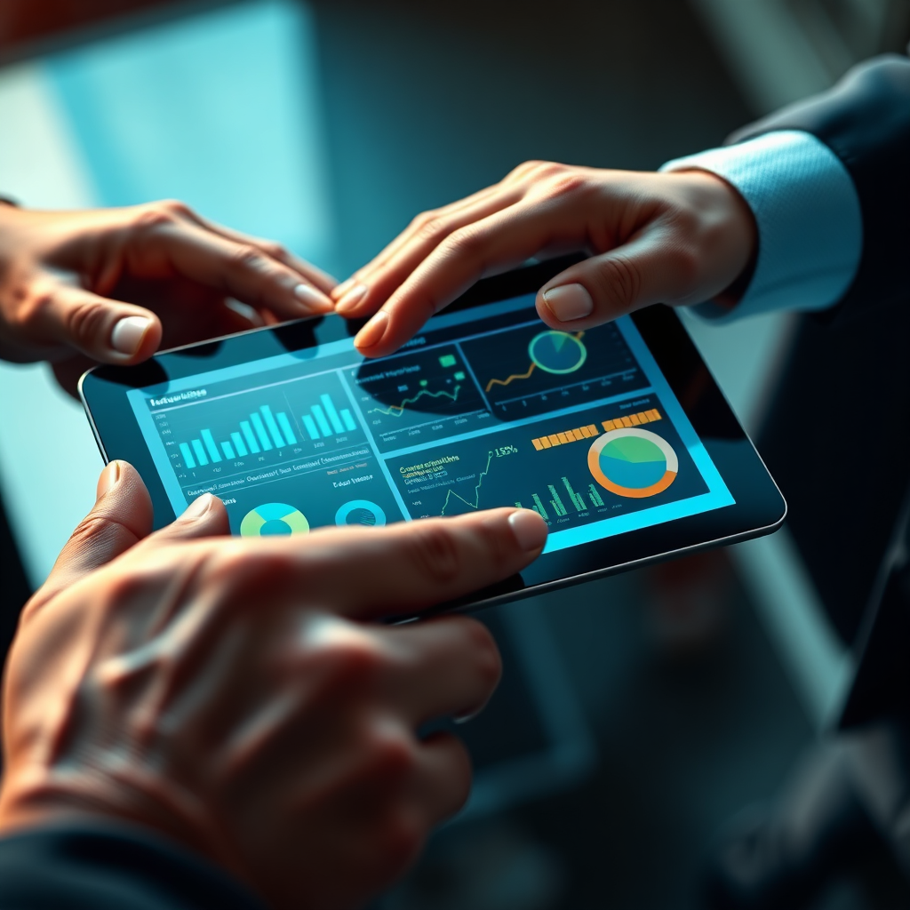A photorealistic image representing the core of Business Consulting's mission. The scene features a close-up of hands collaborating over a digital tablet displaying complex data visualizations. Soft, warm lighting highlights the teamwork and the importance of data-driven insights. The color palette is sophisticated, using deep blues and greens as primary colors with touches of gold to symbolize prosperity. The camera angle is slightly overhead, emphasizing the shared focus and collaborative spirit. The texture details include the subtle wrinkles on the hands and the clarity of the tablet screen. The background is blurred to keep the focus on the collaboration. The overall style is modern and professional, inspired by contemporary business photography with a high quality 4K resolution.