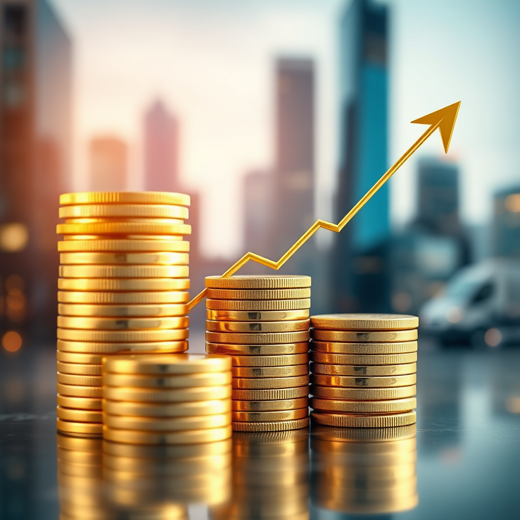 A photorealistic image representing financial planning. It features a stack of coins arranged to resemble a growing graph, symbolizing financial growth. The coins are gold and shiny, and the graph is well-lit and clear. The background is a blurred image of a cityscape, representing business opportunities. The lighting is warm and inviting, creating a sense of prosperity. The color palette is primarily golds and greens, conveying wealth and stability. The style is classic and professional, inspired by financial photography with a 4K resolution.
