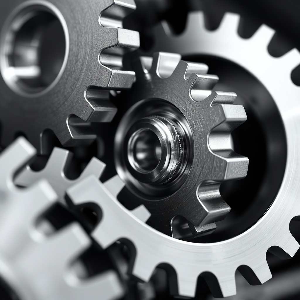 A photorealistic image representing operational efficiency. It features a close-up of gears interlocking seamlessly, symbolizing smooth and efficient operations. The gears are made of polished metal with subtle reflections, highlighting their precision. The lighting is focused and directional, accentuating the detail and texture. The color palette is monochromatic with silver and gray tones, emphasizing functionality and reliability. The style is technical and precise, inspired by engineering photography with a 4K resolution.