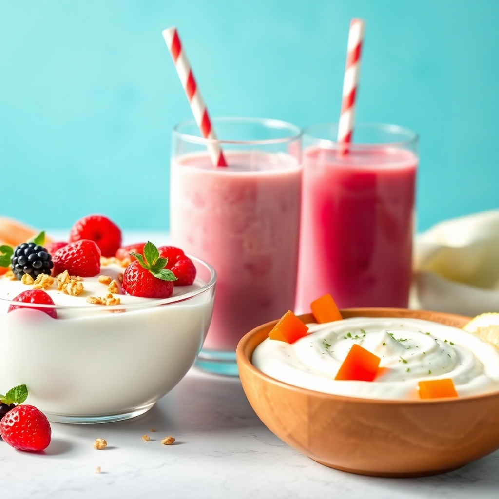 A photorealistic image showcasing the versatility of yogurt. The scene depicts a bowl of yogurt topped with fresh berries and granola, alongside a smoothie made with yogurt, and a creamy yogurt-based dip served with vegetables. The lighting should be bright and airy, emphasizing the freshness and healthiness of yogurt. The colors should be vibrant and appealing, highlighting the natural ingredients. Style reference: a healthy food blog aesthetic.
