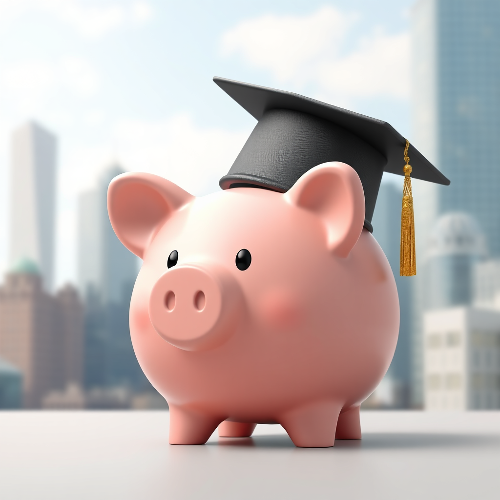 A piggy bank wearing a graduation cap, symbolizing smart investment and business growth. The background is a blurred cityscape, subtly hinting at business opportunities. Style: 3D render, cute and approachable. 4K resolution, high quality.