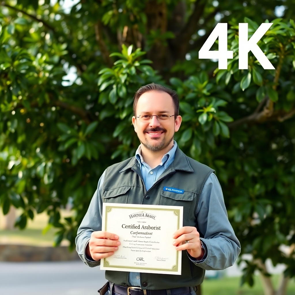 A professional portrait of a certified arborist standing proudly in front of a healthy tree. The arborist is wearing professional attire and holding a certificate. The background is slightly blurred, focusing attention on the arborist's expertise and credibility. The lighting is natural and flattering. 4K resolution, high-quality.