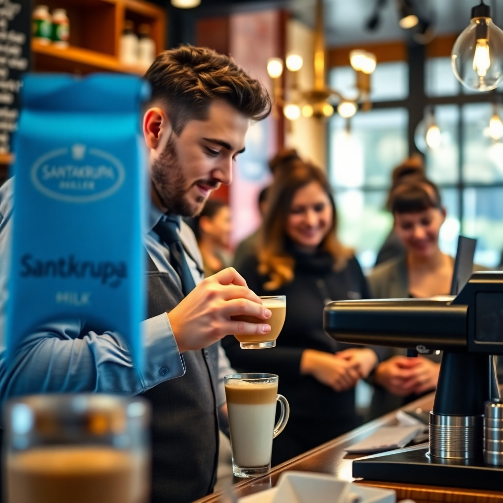 A professional setting showing a barista using Santakrupa Milk to prepare a latte in a bustling cafe. Focus on the quality of the milk and the satisfaction of the customers. Warm and inviting lighting. Style: professional, reliable, and high-quality.