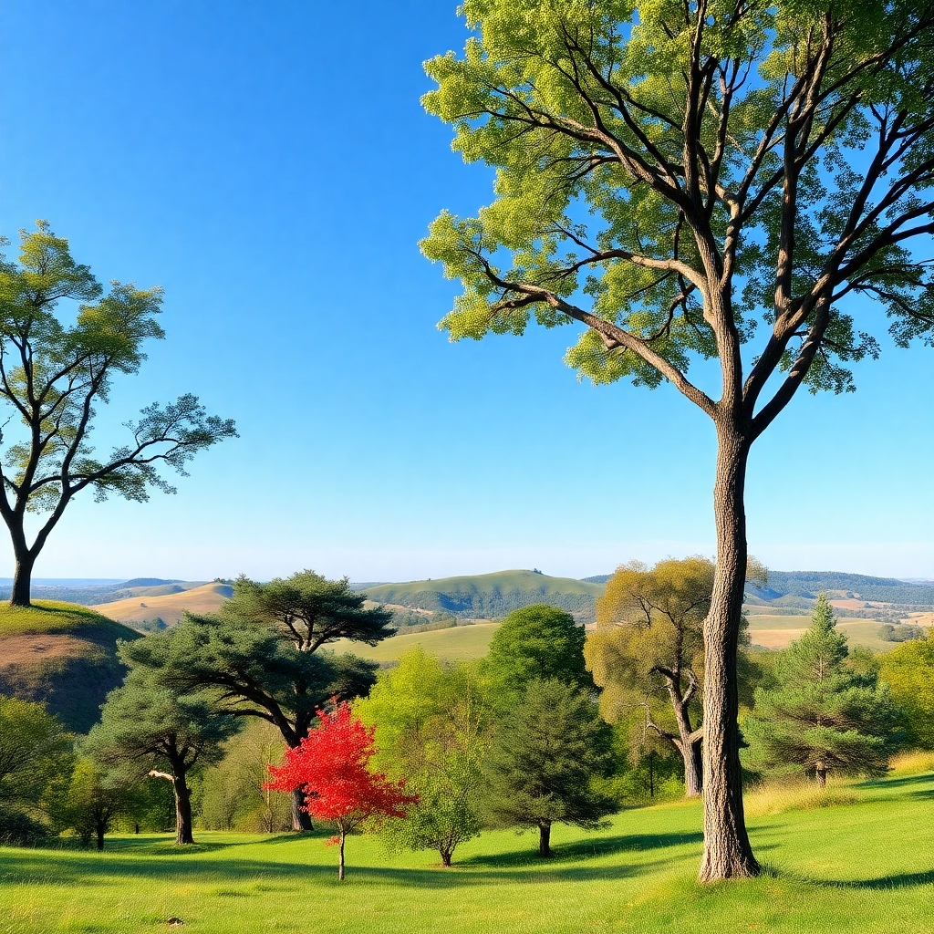A scenic, photorealistic image showcasing a variety of tree species common to the local area. The trees are thriving in a natural setting, with rolling hills and a clear blue sky in the background. The composition emphasizes the diversity and beauty of the local landscape. 4K resolution, high-quality.