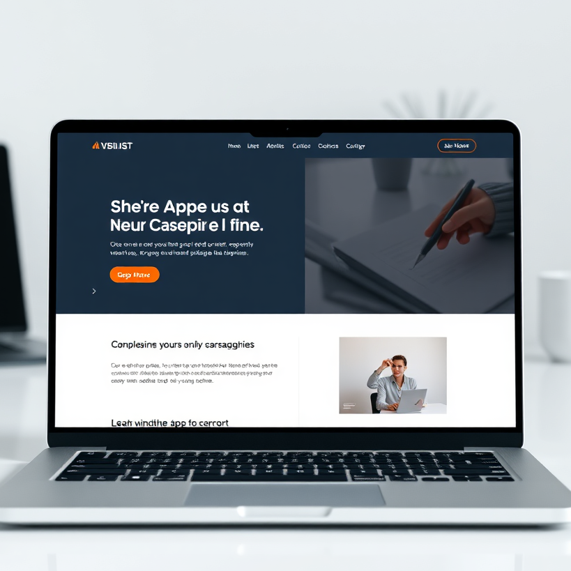 A simple, elegant single-page website displayed on a laptop screen. The website's design is clean and modern, featuring clear call-to-actions and professional imagery. The background is a minimalist workspace. Style: Photorealistic render. 4K resolution, high quality.
