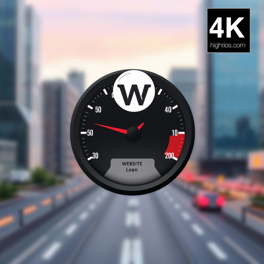 A speedometer showing a high speed reading, with a website icon overlaid, indicating fast website loading. The background is a blurred cityscape. Style: Clean graphic design. 4K resolution, high quality.