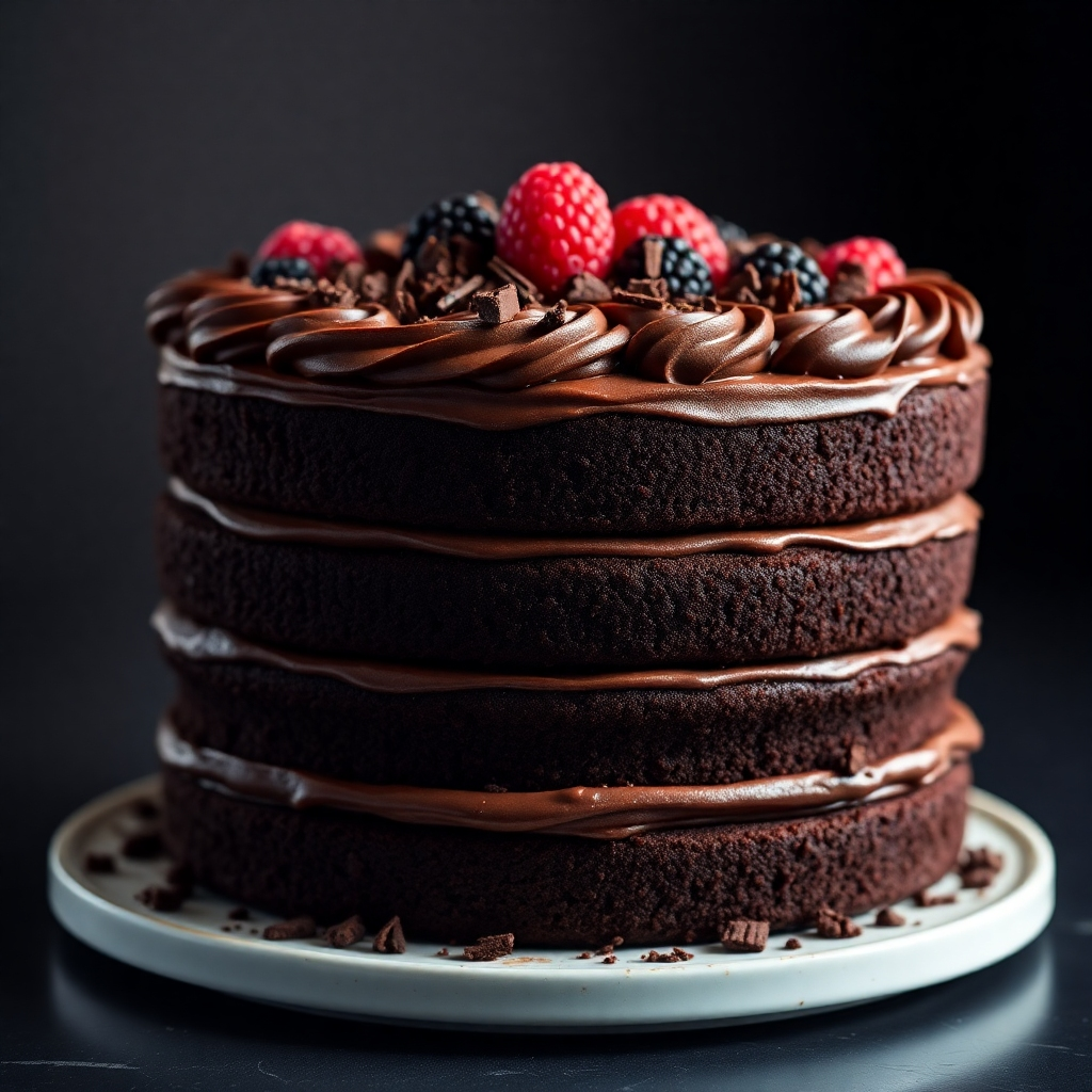 A stunning image of a multi-layered chocolate cake with rich, dark chocolate frosting. The cake should be decorated with chocolate shavings or fresh berries. Use dramatic lighting to highlight the depth of color.