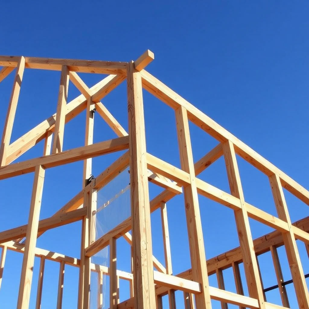 A sturdy and well-built wooden frame for a house, showcasing the essential elements of structural carpentry. The frame is set against a clear blue sky, conveying a sense of strength and stability. The lighting should be natural and realistic.