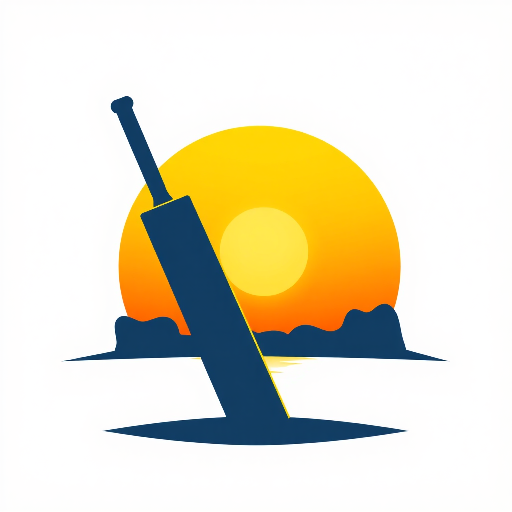 A stylized image depicting a cricket bat and ball silhouetted against a rising sun. The colors should be warm oranges and yellows, creating a sense of energy and anticipation. The background is abstract, hinting at a cricket field. Style: minimalist graphic design.