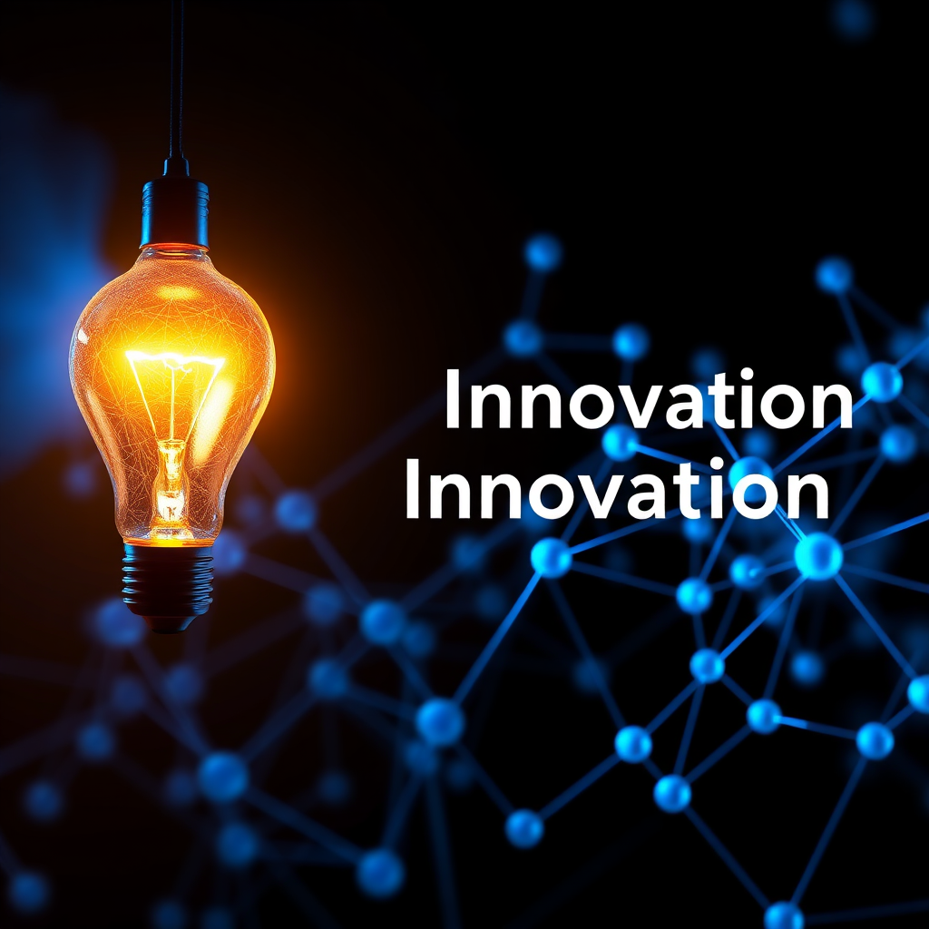 A stylized image depicting innovation. It features a lightbulb illuminating a complex network of interconnected nodes, representing new ideas and connections. The lightbulb is glowing with a warm, golden light, and the nodes are a vibrant blue. The background is dark and mysterious, emphasizing the brilliance of innovation. The lighting is dramatic and focused, highlighting the central lightbulb. The color palette is primarily blues and golds, creating a sense of creativity and inspiration. The style is modern and conceptual, drawing inspiration from tech visuals with a 4K resolution.