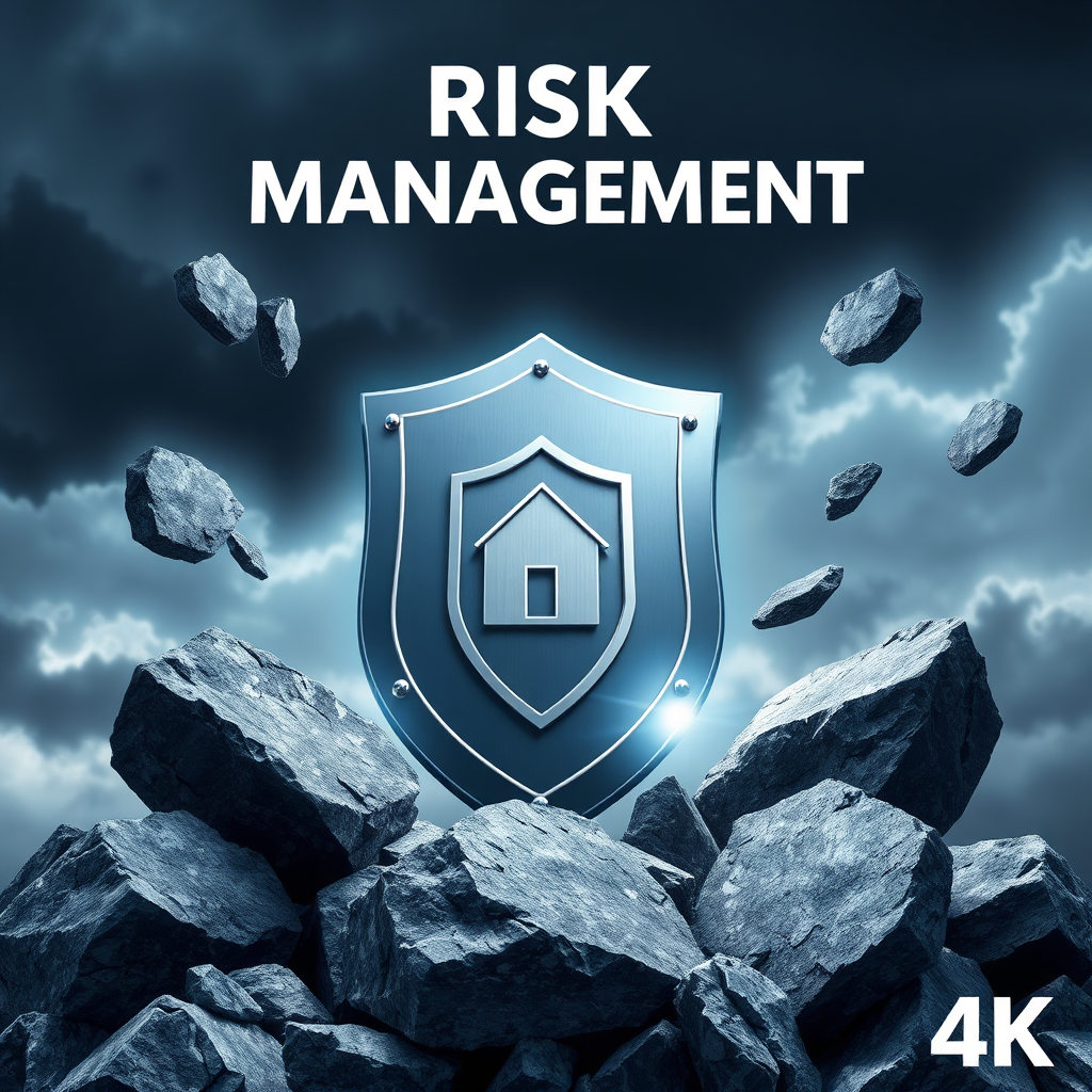 A stylized image depicting risk management. It features a shield protecting a business icon from falling rocks, symbolizing security and protection. The shield is metallic and sturdy, and the rocks are jagged and dangerous. The background is a stormy sky, emphasizing the potential risks. The lighting is dramatic and focused, highlighting the shield's protection. The color palette is primarily blues and grays, creating a sense of security and reliability. The style is modern and graphic, inspired by insurance visuals with a 4K resolution.