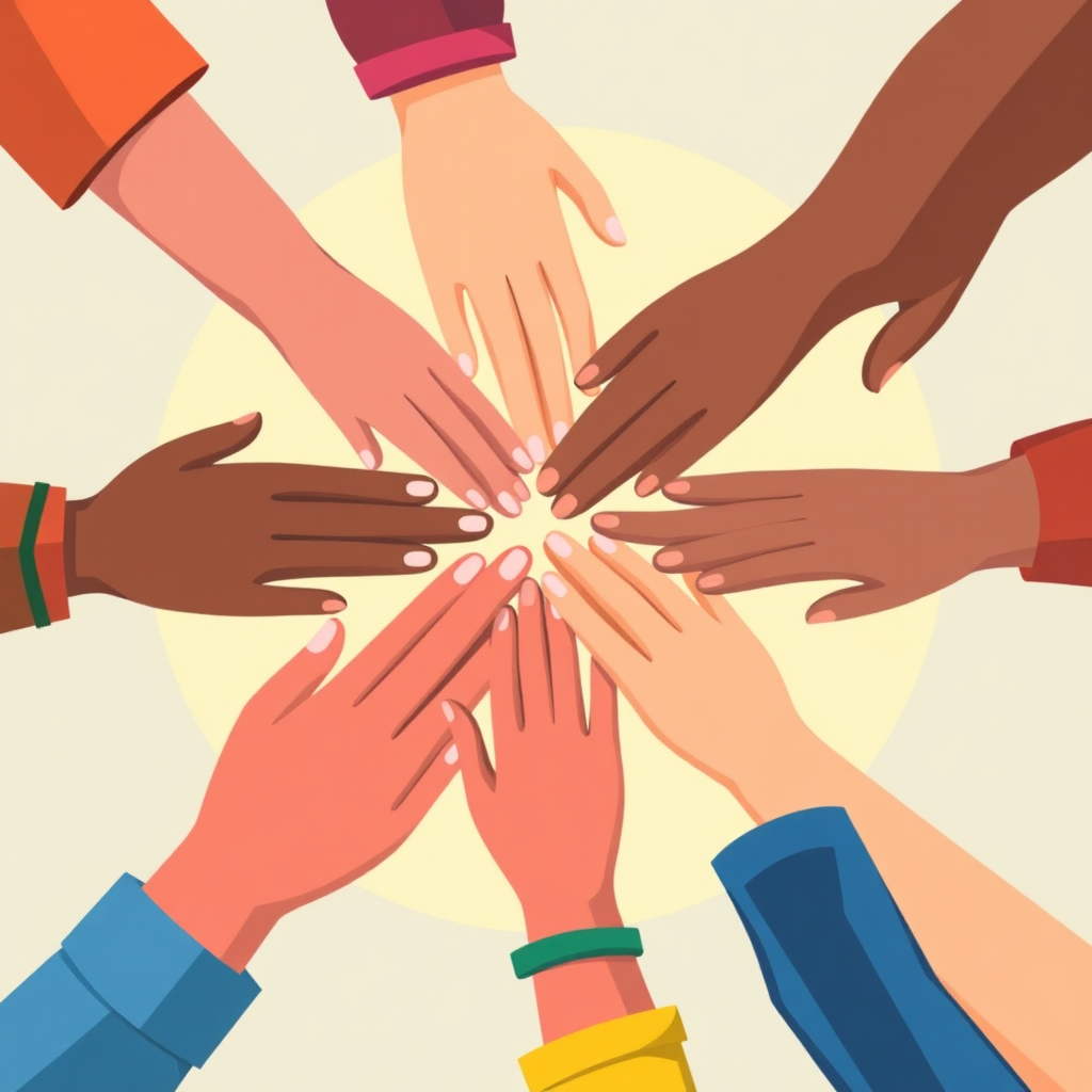 A stylized image illustrating diverse hands joining together, symbolizing unity and collaboration within the उलवे सातारकर MH 11 community. The colors are vibrant and uplifting. Style: Inclusive and inspiring.