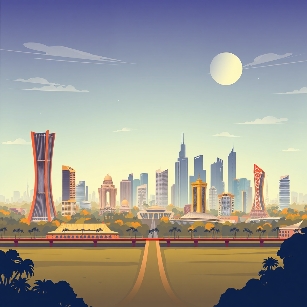 A stylized image illustrating the skyline of Navi Mumbai, with a focus on Ulwe's developing infrastructure and business districts. The image should convey a sense of progress, opportunity, and innovation. Consider incorporating elements of traditional Satara culture subtly blended with the modern cityscape. Style: Futuristic and optimistic.