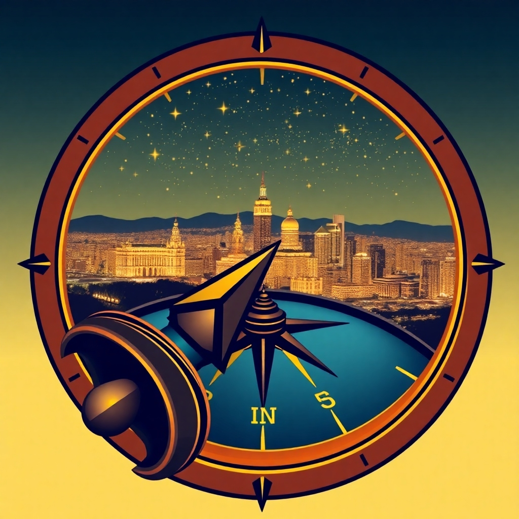 A stylized image of a compass pointing towards a brightly lit cityscape in the distance, symbolizing a clear direction in one's career. The compass is intricate and detailed, representing thorough guidance. The sky above the city is filled with stars, hinting at endless possibilities. Use a warm color palette with accents of gold.